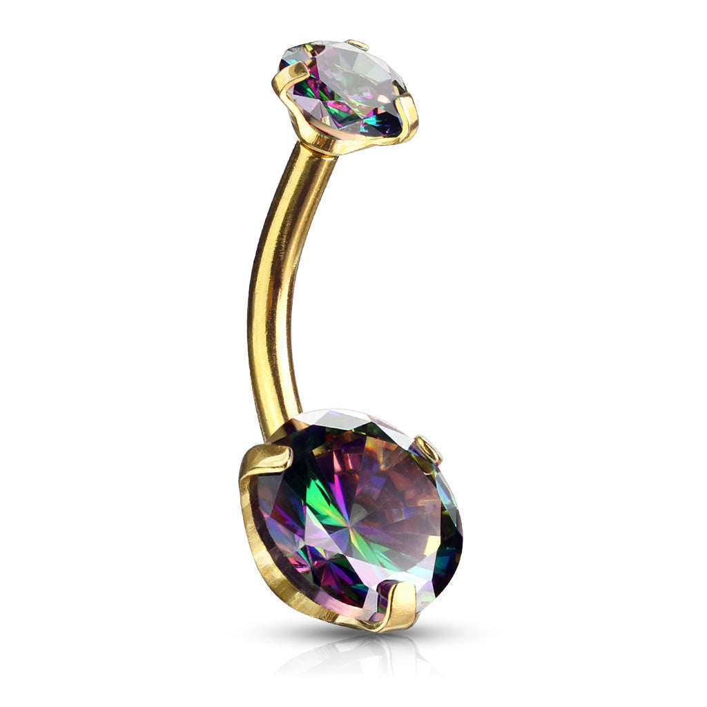 Round AB Zircon Prong Set Internally Threaded Top All 316L Surgical Steel Belly Button Rings - Gold/Vitrail Medium
