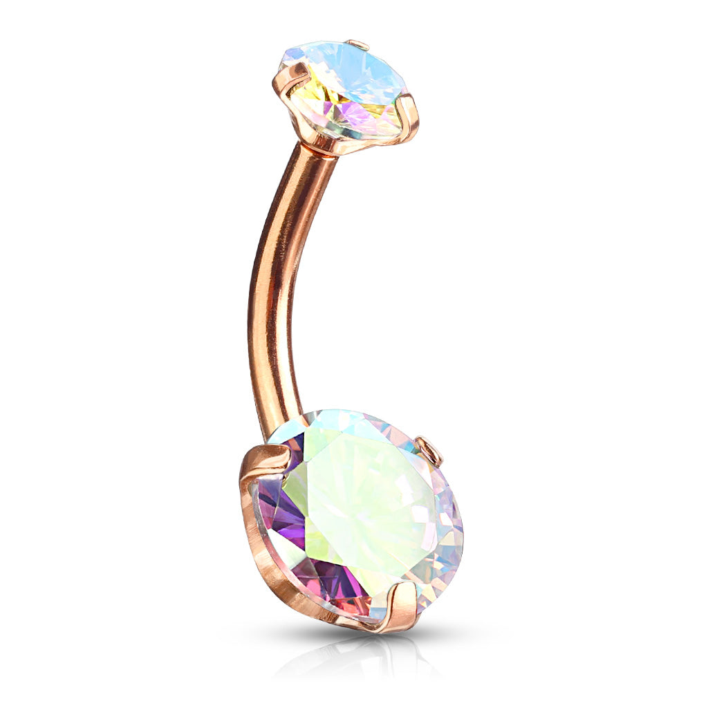 Round AB Zircon Prong Set Internally Threaded Top All 316L Surgical Steel Belly Button Rings - Rose Gold/AB