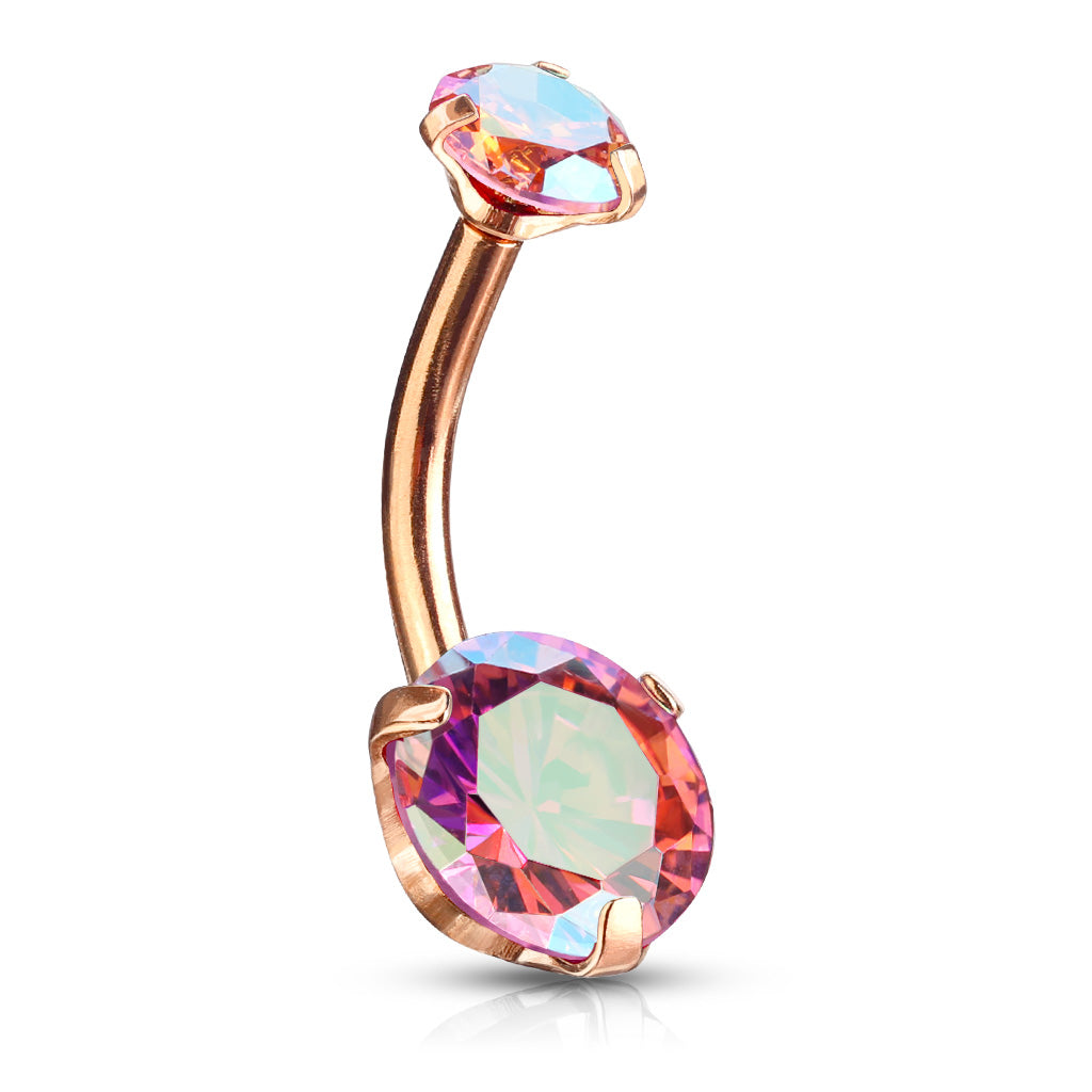 Round AB Zircon Prong Set Internally Threaded Top All 316L Surgical Steel Belly Button Rings - Rose Gold/AB Pink