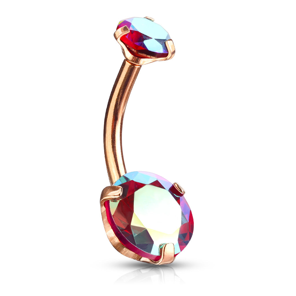 Round AB Zircon Prong Set Internally Threaded Top All 316L Surgical Steel Belly Button Rings - Rose Gold/AB Red