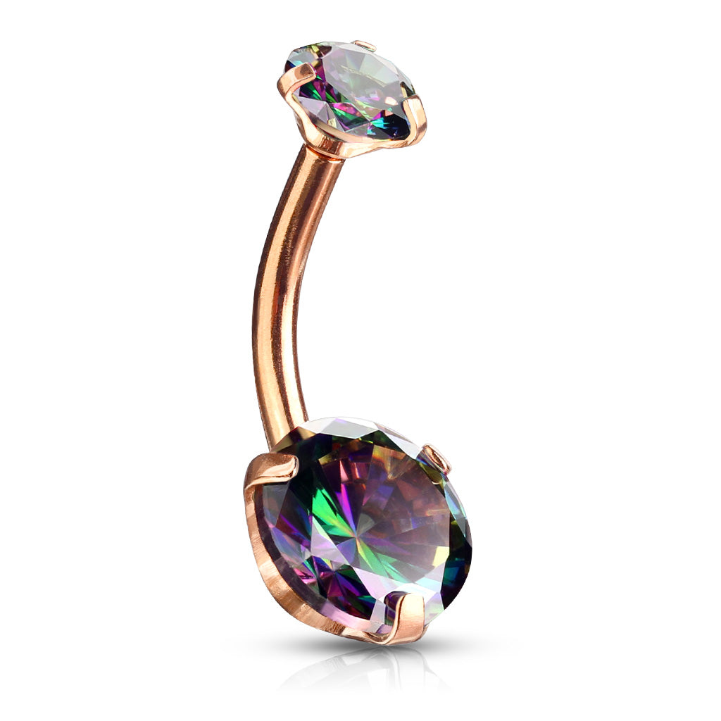 Round AB Zircon Prong Set Internally Threaded Top All 316L Surgical Steel Belly Button Rings - RoseGold/Vitrail Medium