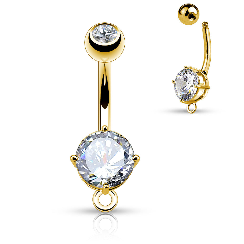 316L Surgical Steel Round CZ Prong Set O-Ring for Add on Dangles Belly Button Ring - Gold/Clear