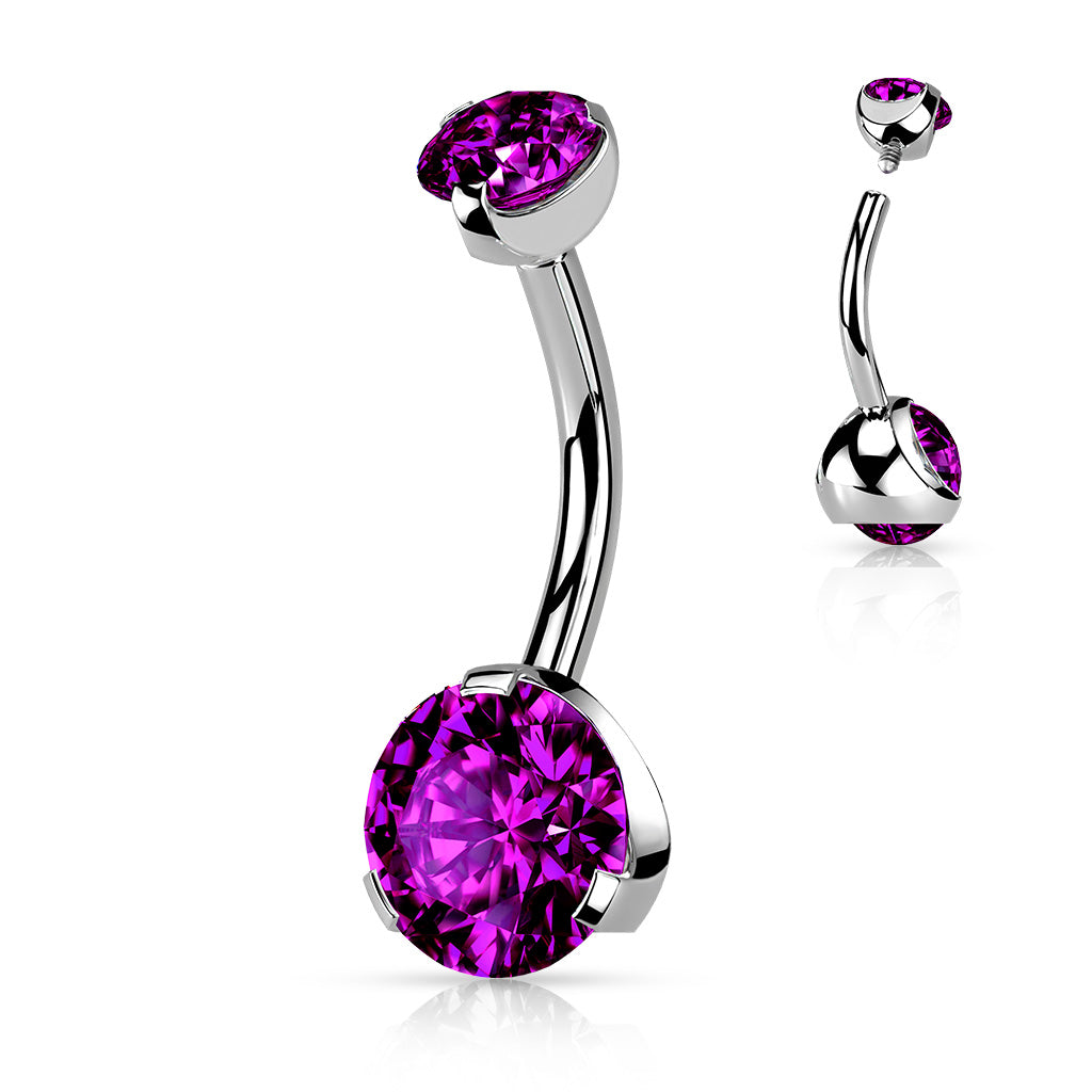 Prong Set Round CZ & Internally Threaded Prong Set CZ Top 316L Surgical Steel Navel Ring - Purple