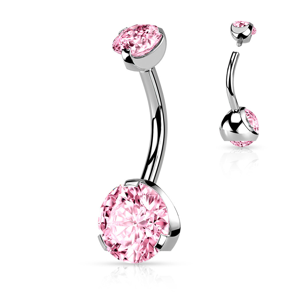 Prong Set Round CZ & Internally Threaded Prong Set CZ Top 316L Surgical Steel Navel Ring - Pink