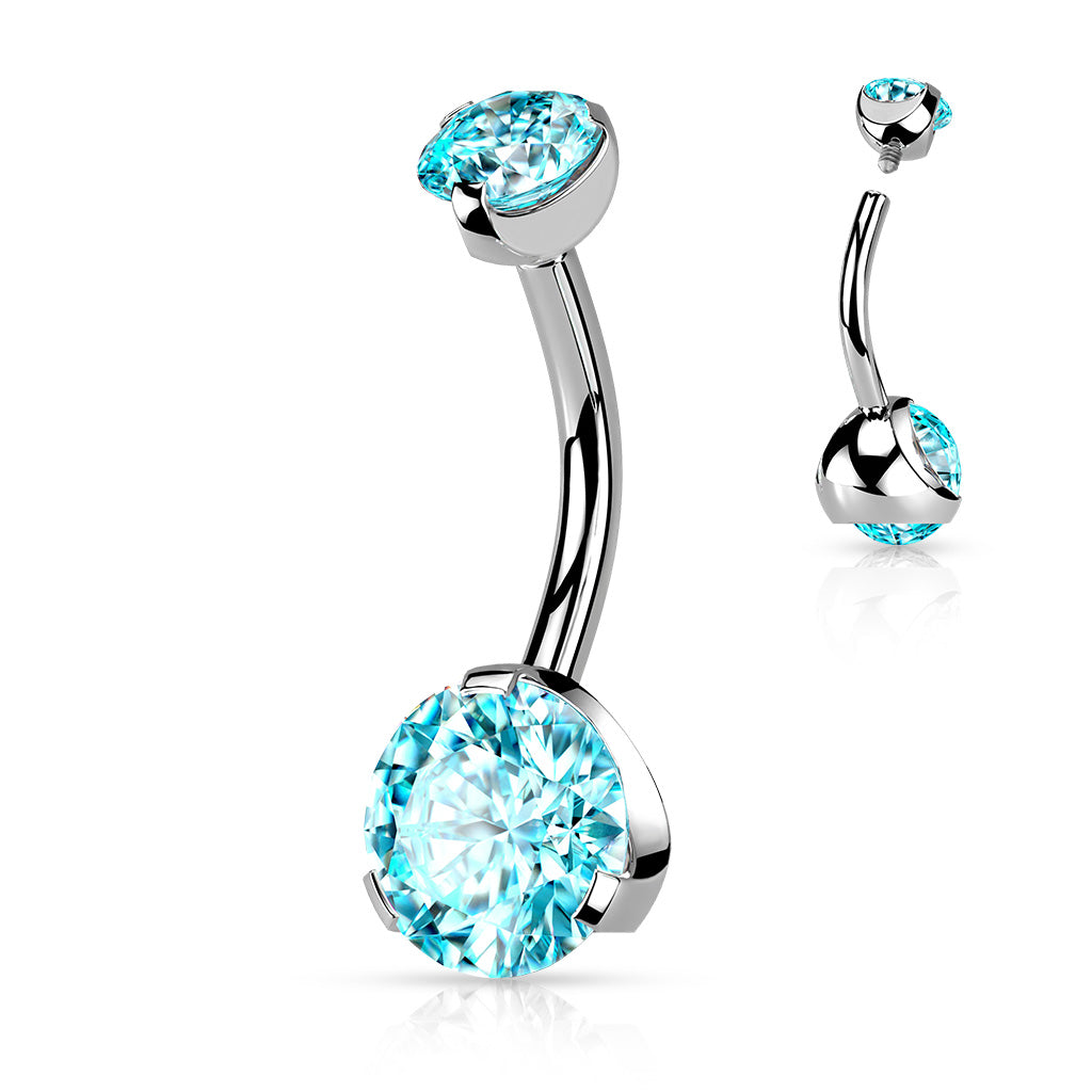 Prong Set Round CZ & Internally Threaded Prong Set CZ Top 316L Surgical Steel Navel Ring - Aqua