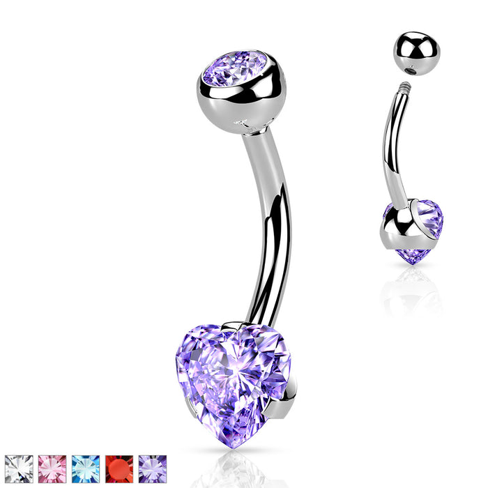 Heart CZ Prong Set 316L Surgical Steel Belly Ring