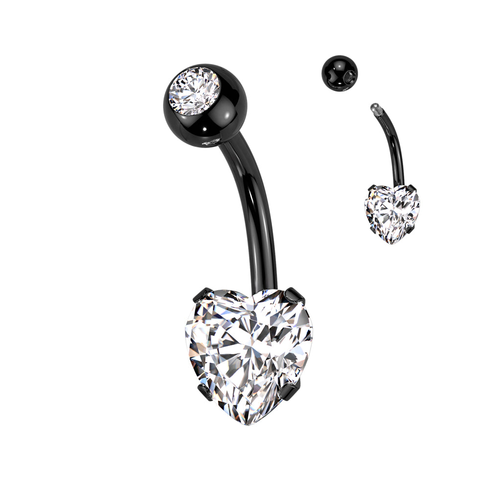 Prong Set 8mm Heart CZ All 316L Surgical Steel Navel Ring - Black/Clear