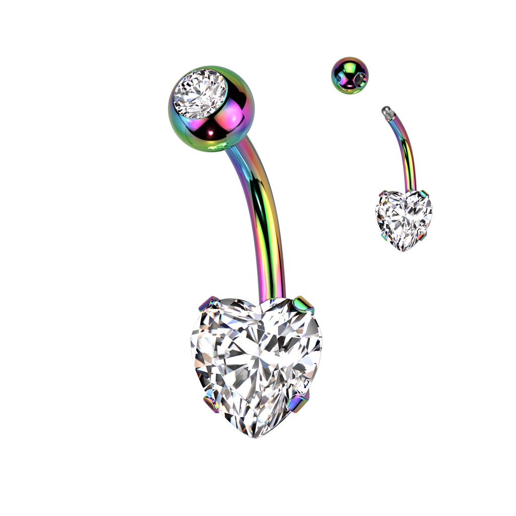 Prong Set 8mm Heart CZ All 316L Surgical Steel Navel Ring - Rainbow/Clear