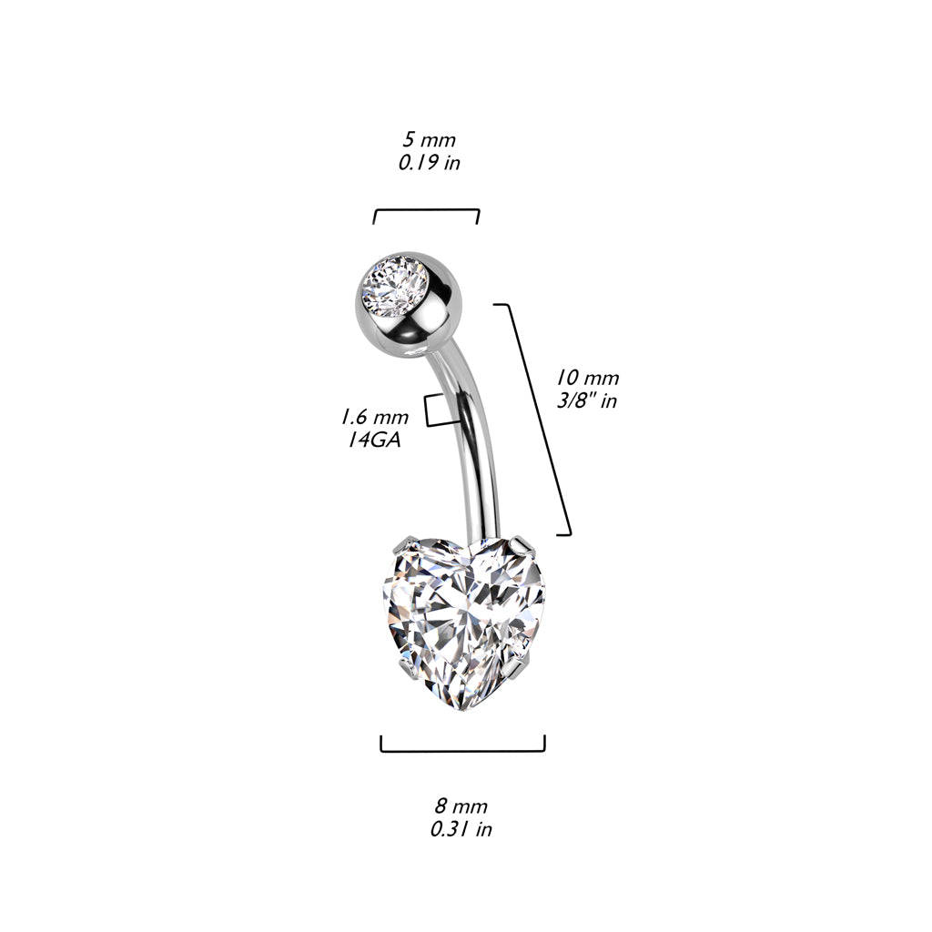 Prong Set 8mm Heart CZ All 316L Surgical Steel Navel Ring size chart