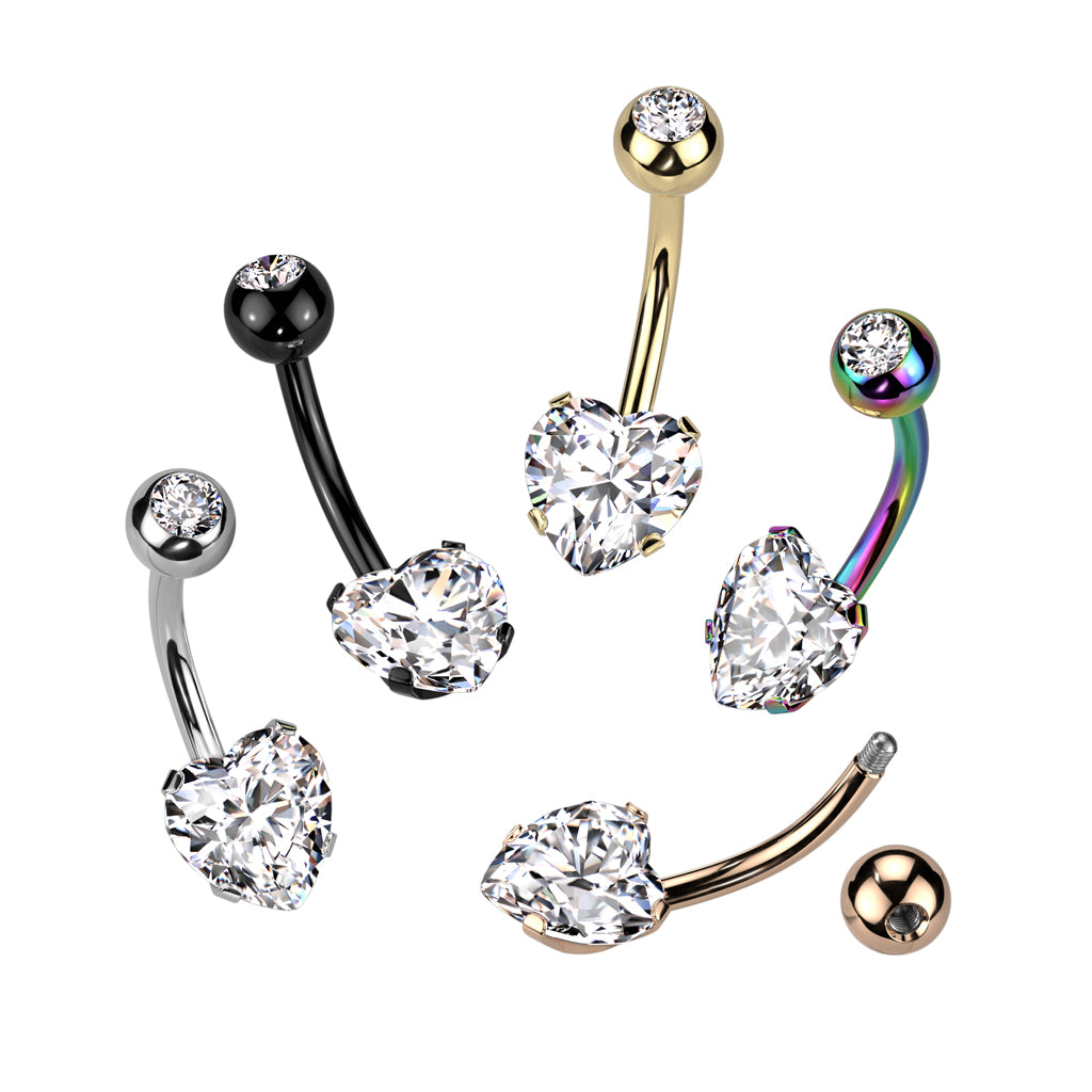 Prong Set 8mm Heart CZ All 316L Surgical Steel Navel Ring - all colors