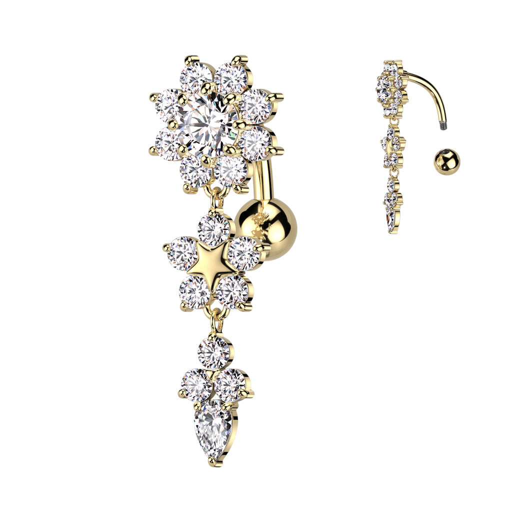 316L Surgical Steel Double Flower Top Drop Dangle Belly Button Ring - Gold/Clear