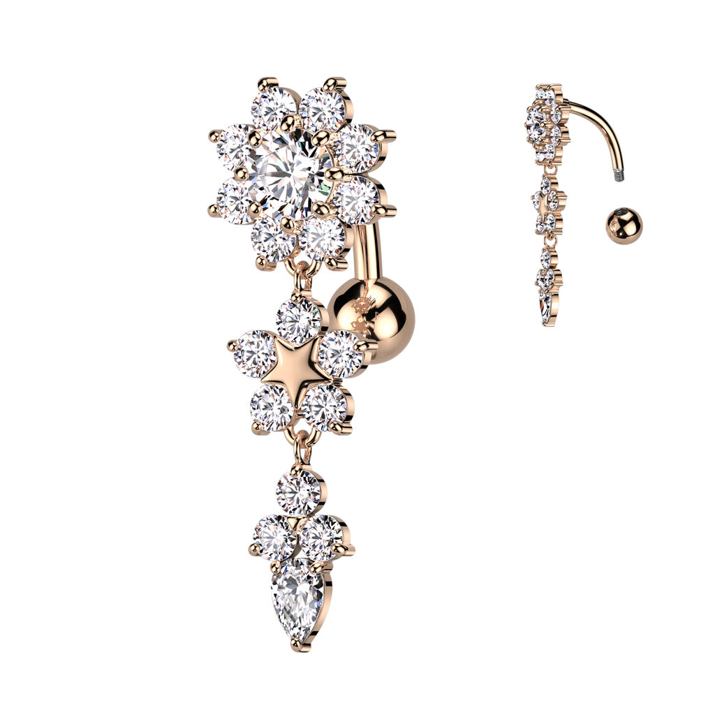 316L Surgical Steel Double Flower Top Drop Dangle Belly Button Ring - Rose Gold/Clear