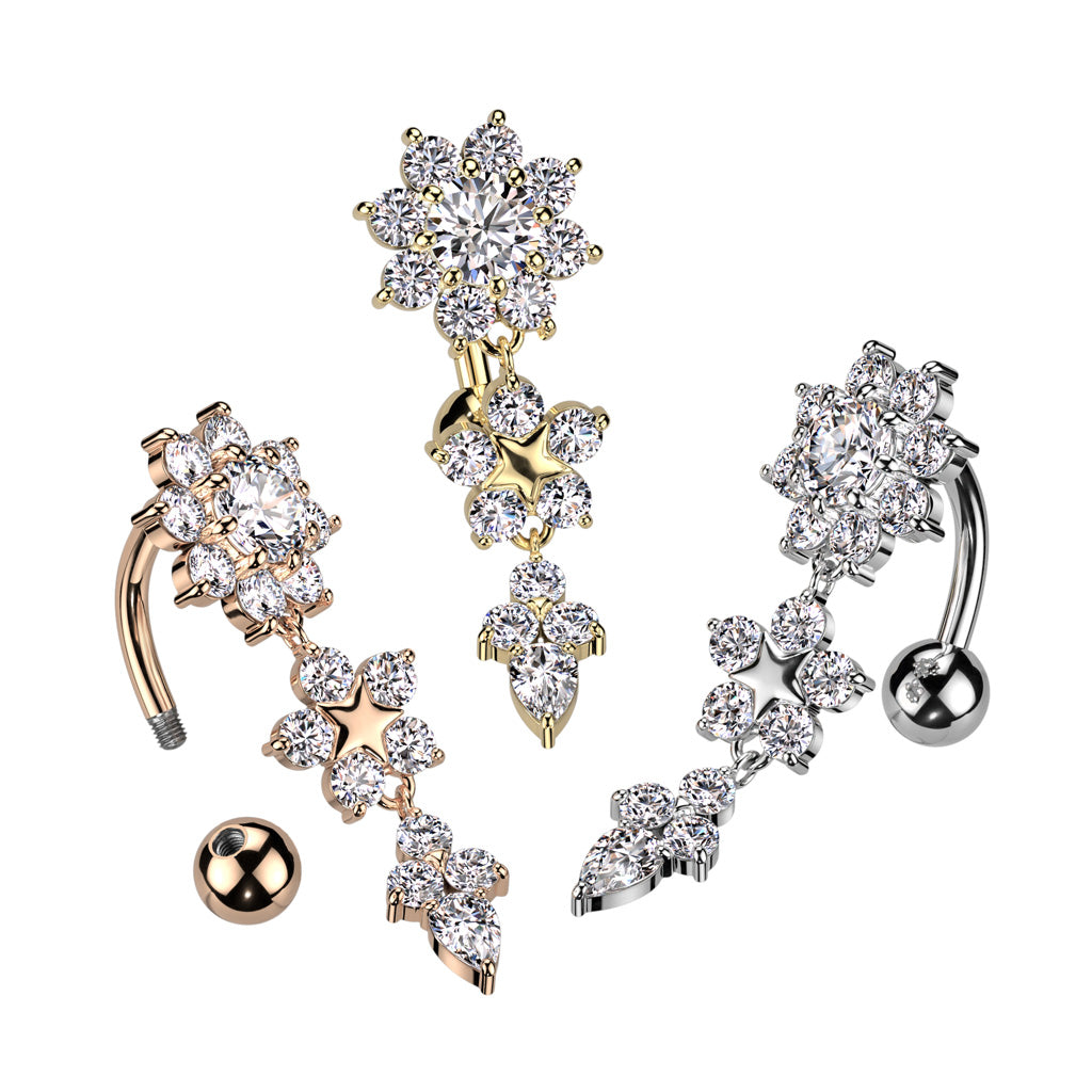 316L Surgical Steel Double Flower Top Drop Dangle Belly Button Ring - all colors