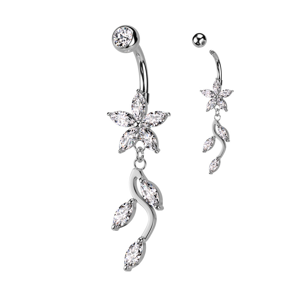 316L Surgical Steel 5 Marquise CZ Flower With Vine Dangle Belly Button Ring - Clear