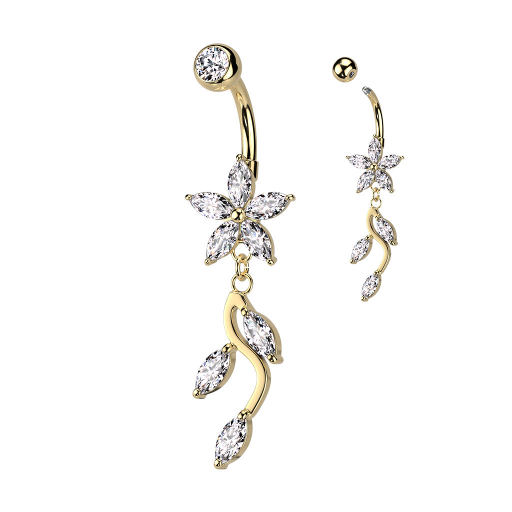 316L Surgical Steel 5 Marquise CZ Flower With Vine Dangle Belly Button Ring - Gold/Clear
