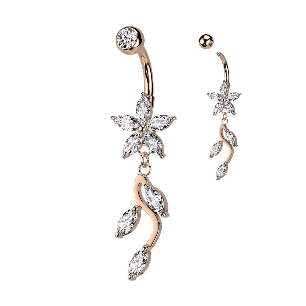 316L Surgical Steel 5 Marquise CZ Flower With Vine Dangle Belly Button Ring - Rose Gold/Clear