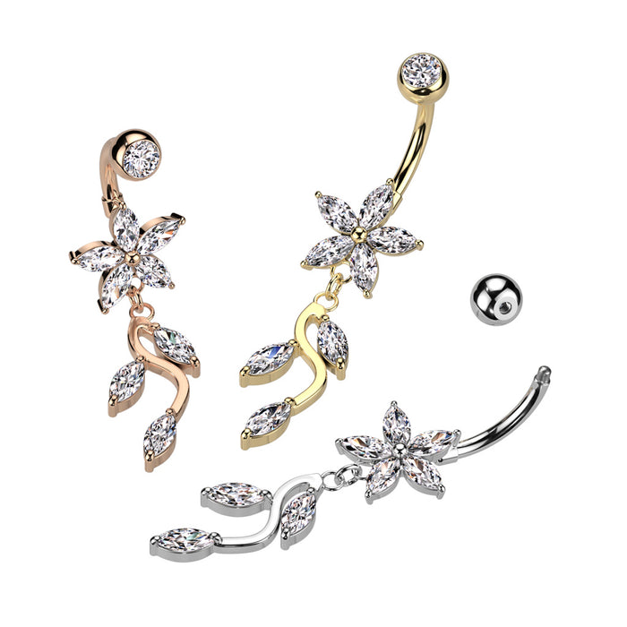 316L Surgical Steel 5 Marquise CZ Flower With Vine Dangle Belly Button Ring