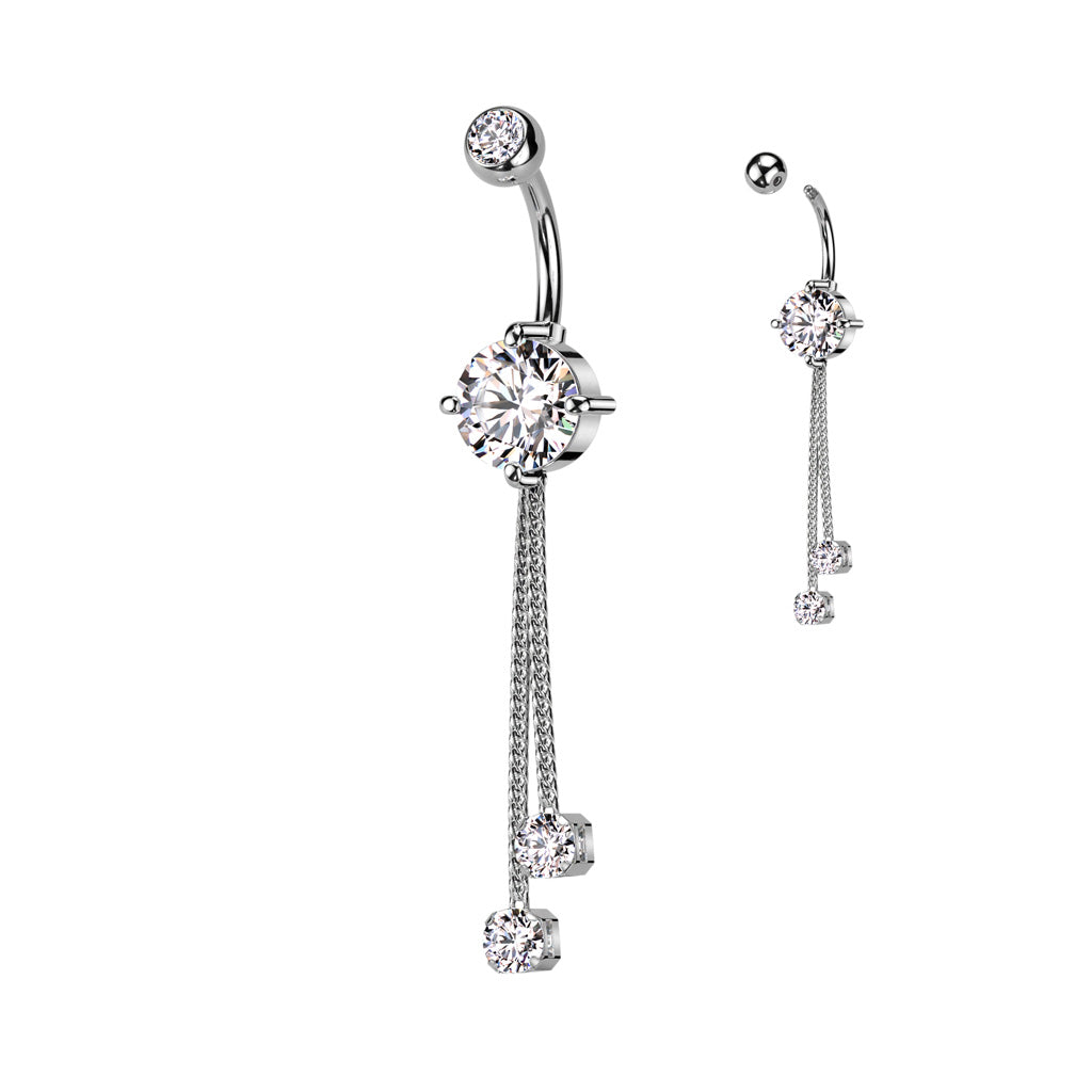316L Surgical Steel Double Jeweled CZ With 2 Rope Chain Dangle Belly Button Ring - Clear