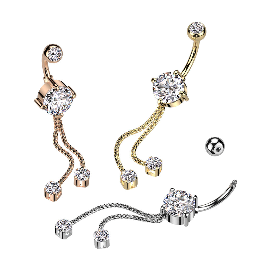 316L Surgical Steel Double Jeweled CZ With 2 Rope Chain Dangle Belly Button Ring - all colors