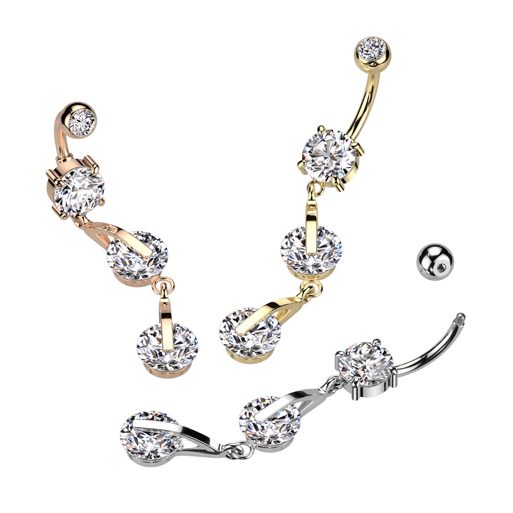 316L Surgical Steel Double CZ Dangle Belly Button Ring - all colors