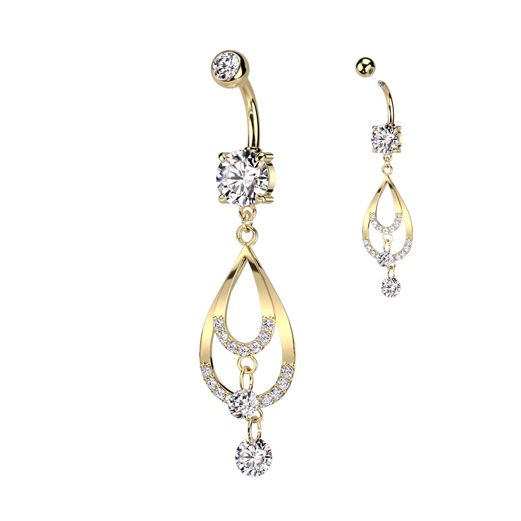 316L Surgical Steel Double CZ Pave Tear Drop With CZ Dangle Belly Button Ring - Gold/Clear