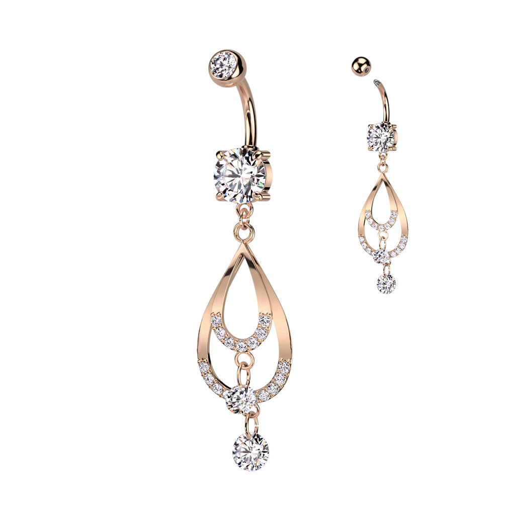 316L Surgical Steel Double CZ Pave Tear Drop With CZ Dangle Belly Button Ring - Rose Gold/Clear