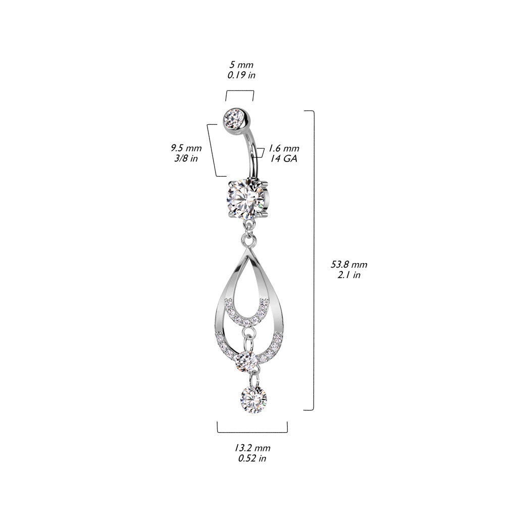 316L Surgical Steel Double CZ Pave Tear Drop With CZ Dangle Belly Button Ring size chart