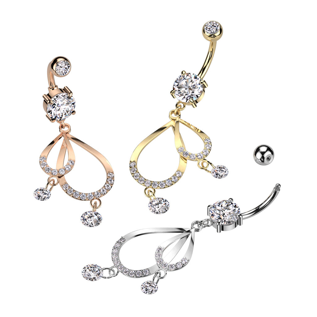 316L Surgical Steel Double CZ Pave Tear Drop With CZ Dangle Belly Button Ring - all colors