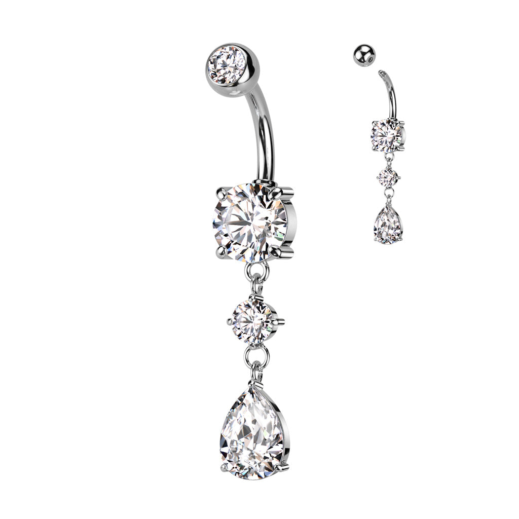 316L Surgical Steel Belly Button Ring Tear Drop CZ Dangle Belly Button Ring - Clear
