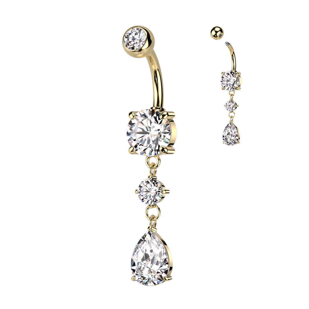 316L Surgical Steel Belly Button Ring Tear Drop CZ Dangle Belly Button Ring - Gold/Clear