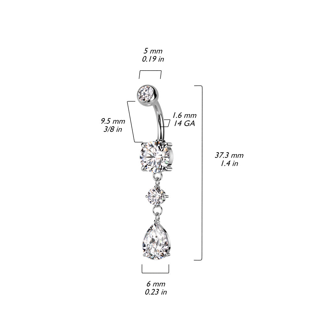 316L Surgical Steel Belly Button Ring Tear Drop CZ Dangle Belly Button Ring size chart