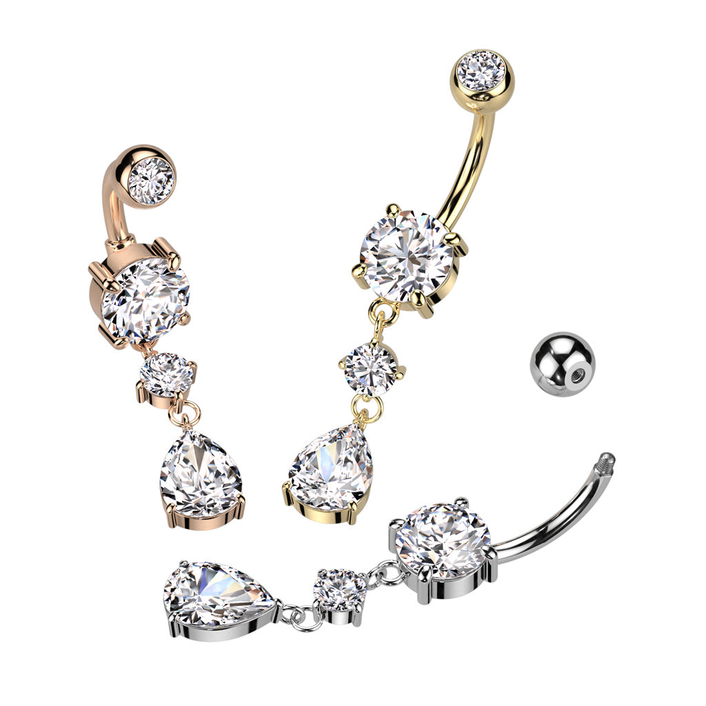 316L Surgical Steel Belly Button Ring Tear Drop CZ Dangle Belly Button Ring - all colors