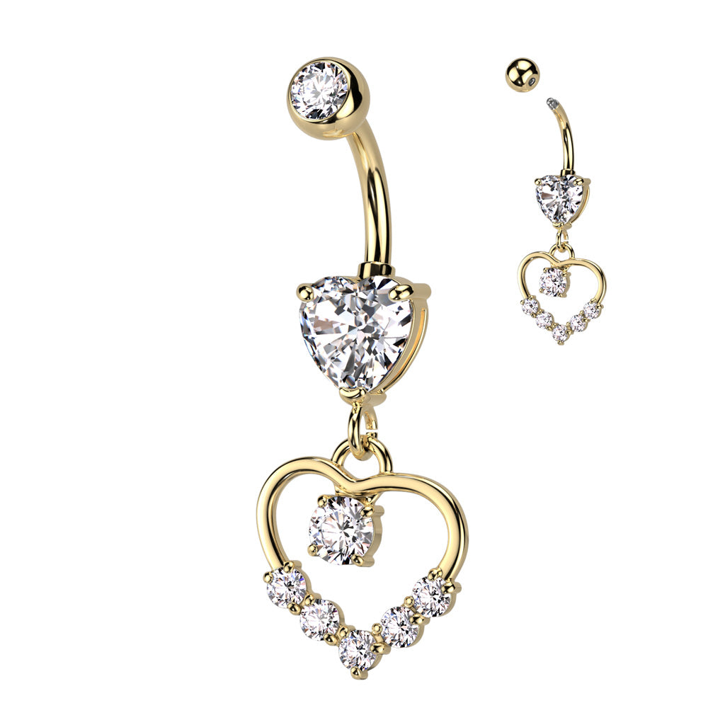 316L Surgical Steel Heart Shaped CZ With Hollow Heart Pave Dangle Belly Button Ring - Gold/Clear