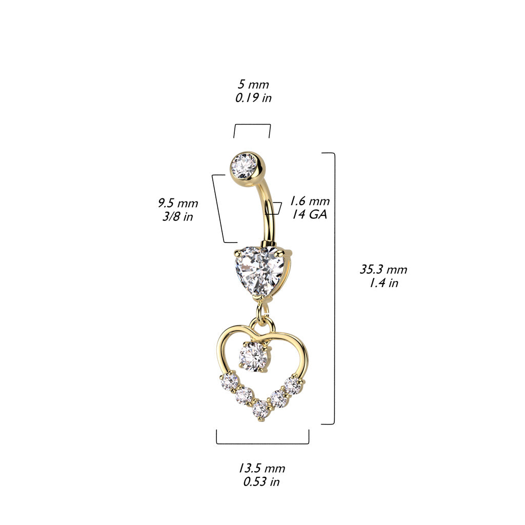 316L Surgical Steel Heart Shaped CZ With Hollow Heart Pave Dangle Belly Button Ring size chart