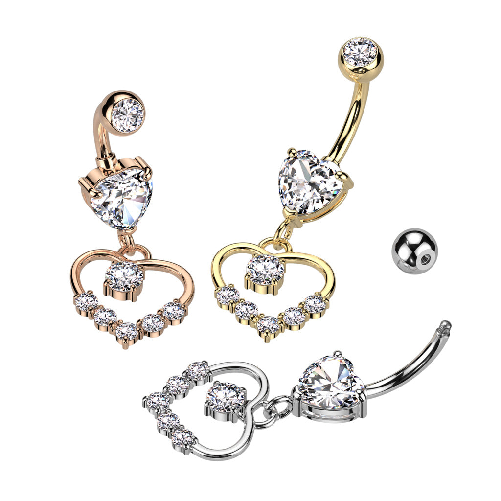 316L Surgical Steel Heart Shaped CZ With Hollow Heart Pave Dangle Belly Button Ring - all colors