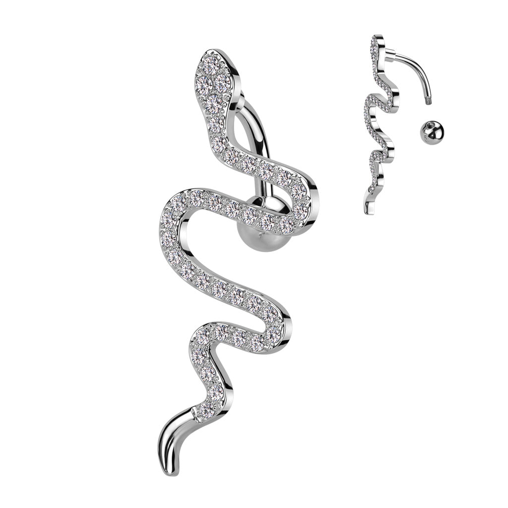 316L Surgical Steel Top Drop CZ Pave Snake Belly Button Ring - Clear
