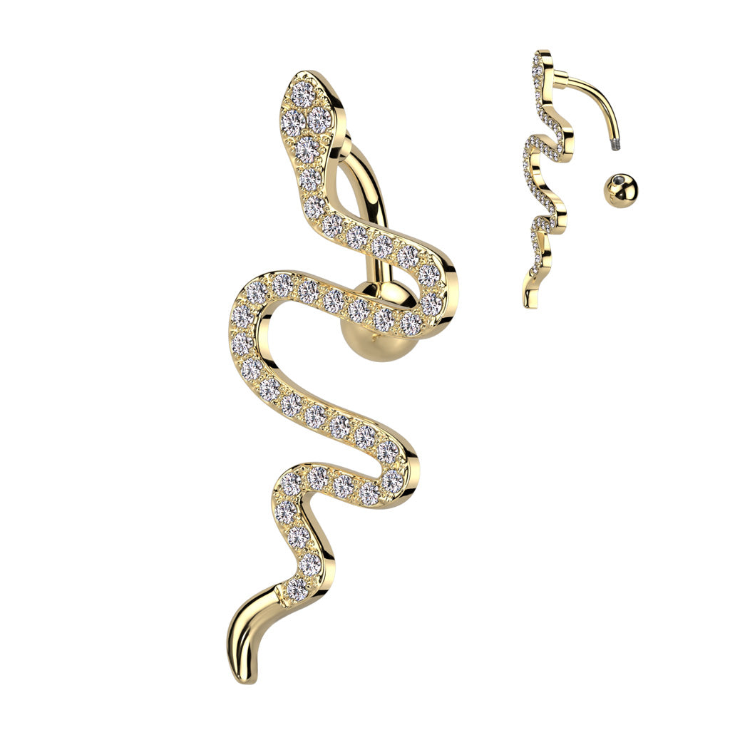 316L Surgical Steel Top Drop CZ Pave Snake Belly Button Ring - Gold/Clear