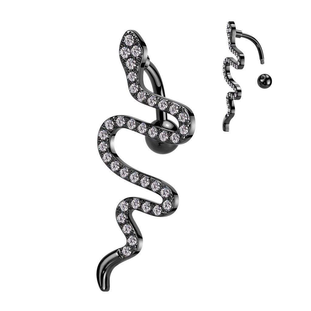 316L Surgical Steel Top Drop CZ Pave Snake Belly Button Ring - Black/Clear