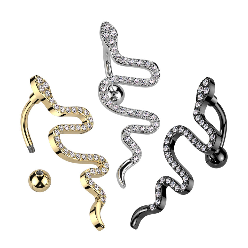 316L Surgical Steel Top Drop CZ Pave Snake Belly Button Ring - all colors
