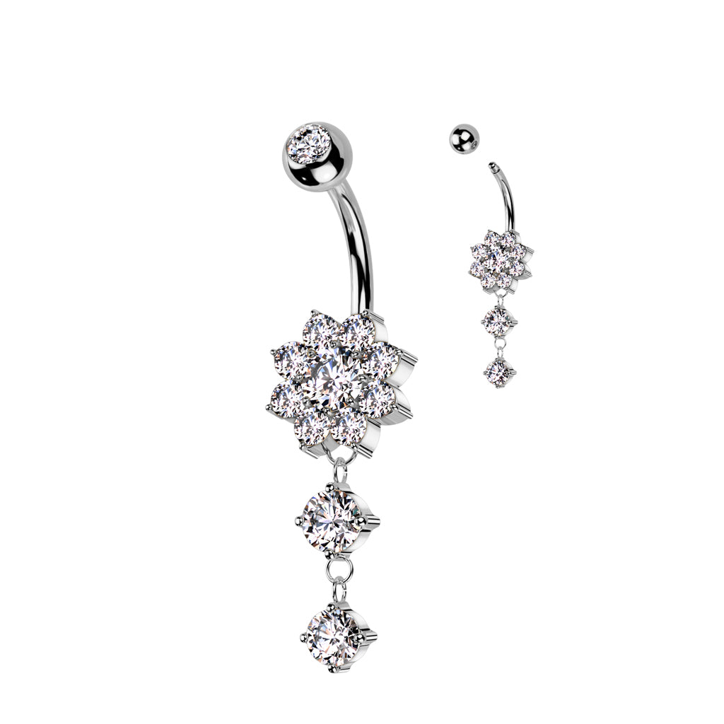 CZ Flower With Double Round CZ Dangle 316L Surgical Steel Belly Button Ring - Clear