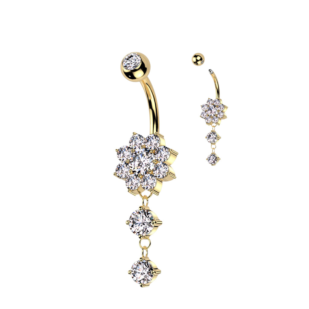 CZ Flower With Double Round CZ Dangle 316L Surgical Steel Belly Button Ring - Gold/Clear