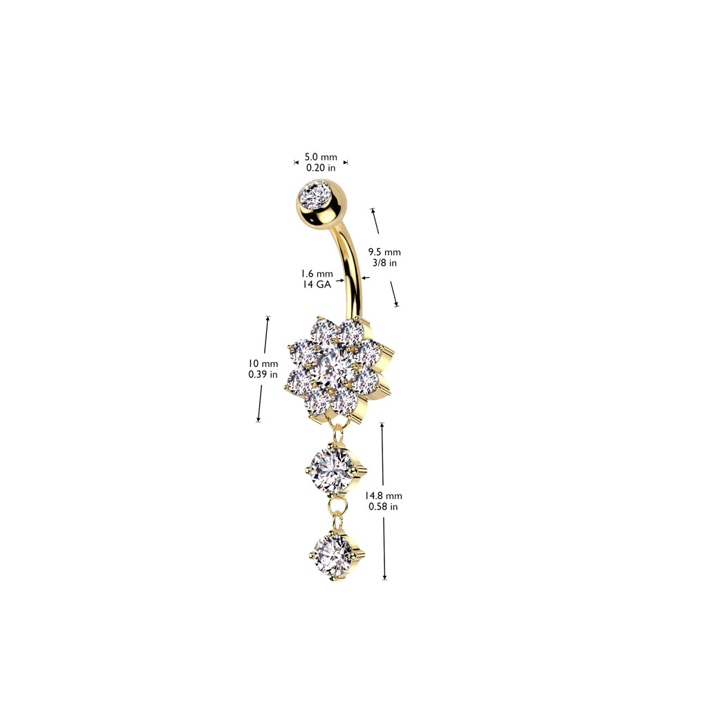 CZ Flower With Double Round CZ Dangle 316L Surgical Steel Belly Button Ring size chart
