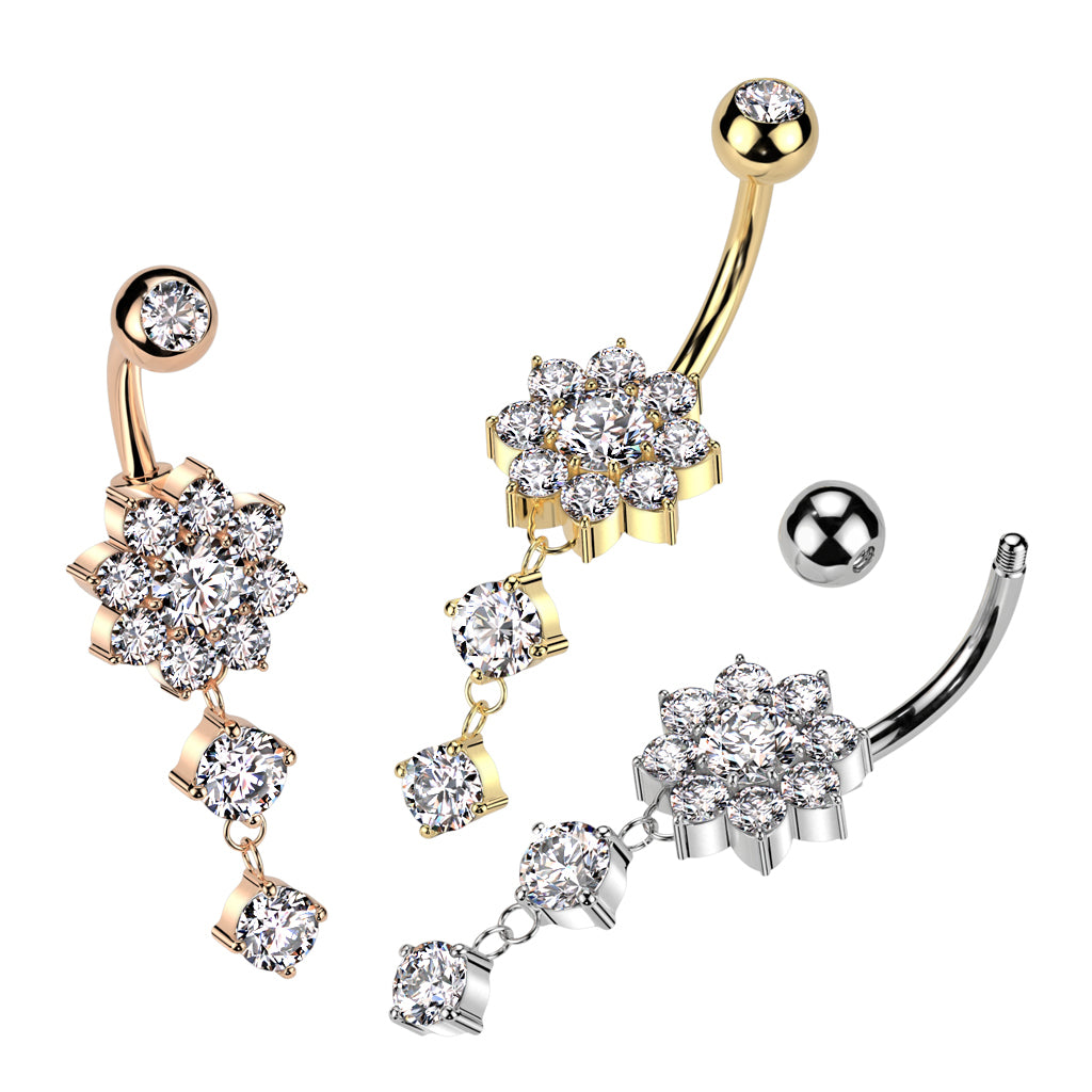 CZ Flower With Double Round CZ Dangle 316L Surgical Steel Belly Button Ring - all colors