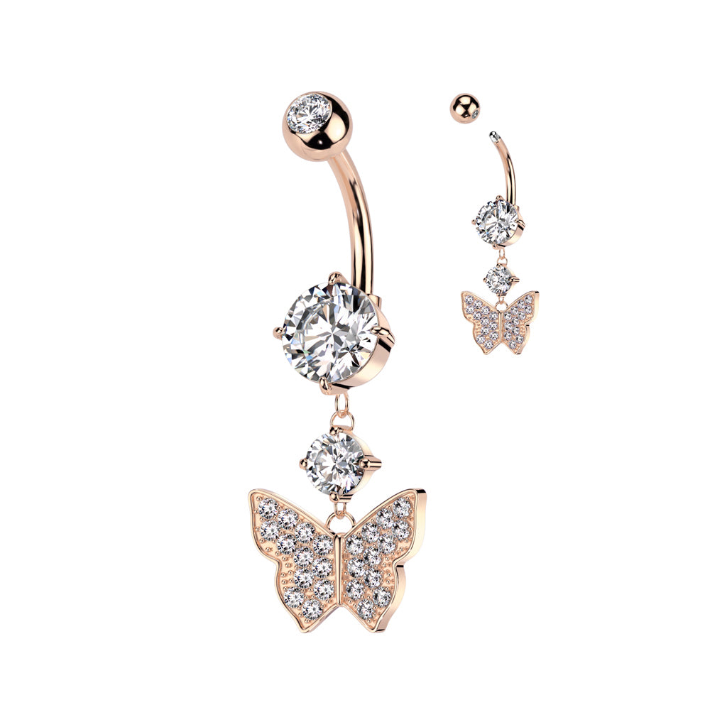 316L Surgical Steel Pressed Fit CZ Top And Round Prong Set CZ Bottom With Pave CZ Butterfly And Prong Set CZ Dangle Belly Button Ring - Rose Gold/Clear