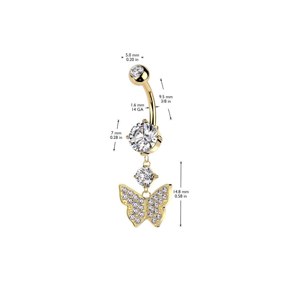 316L Surgical Steel Pressed Fit CZ Top And Round Prong Set CZ Bottom With Pave CZ Butterfly And Prong Set CZ Dangle Belly Button Ring size chart