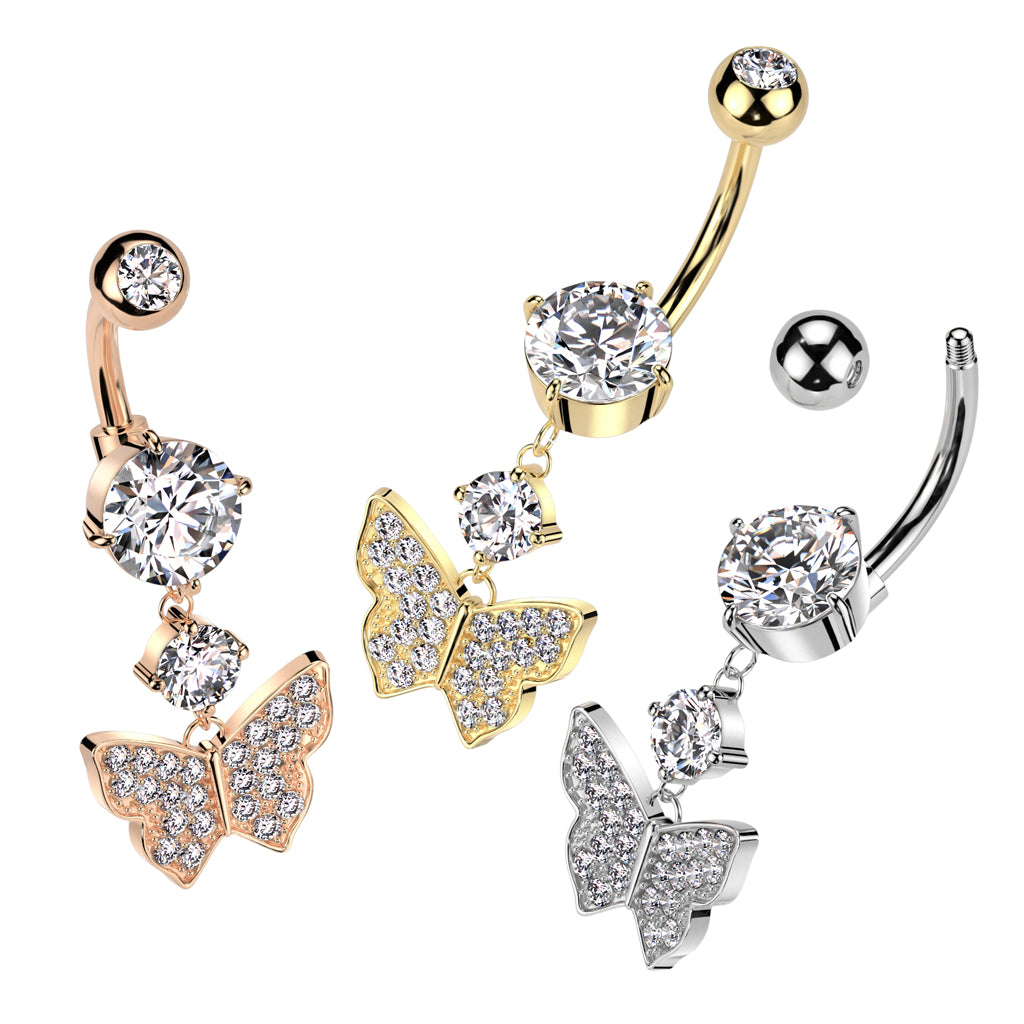 316L Surgical Steel Pressed Fit CZ Top And Round Prong Set CZ Bottom With Pave CZ Butterfly And Prong Set CZ Dangle Belly Button Ring - all colors