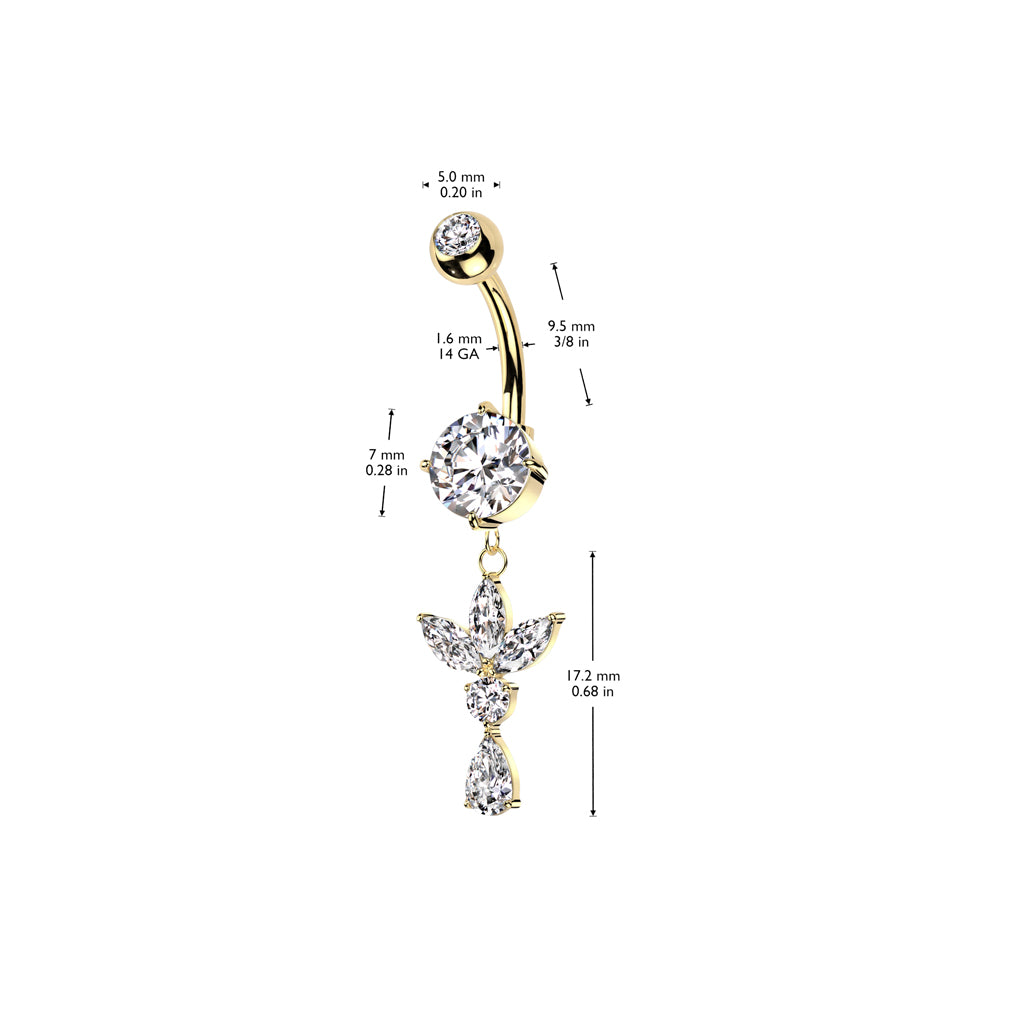 316L Surgical Steel Pressed Fit CZ Top And Round Prong Set CZ Bottom With 3 Marquise CZ Leaf And Pear CZ Dangle size chart