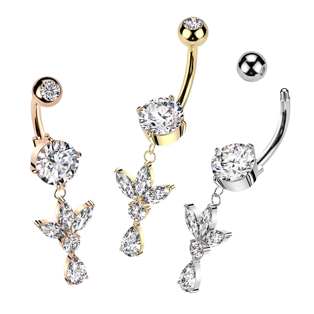 316L Surgical Steel Pressed Fit CZ Top And Round Prong Set CZ Bottom With 3 Marquise CZ Leaf And Pear CZ Dangle - all colors