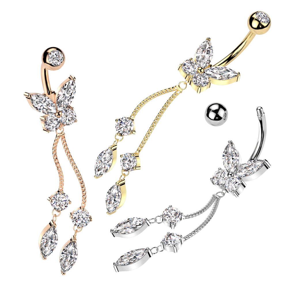 316L Surgical Steel CZ Butterfly With Double Round And Marquise Prong Set CZ Dangle - all colors