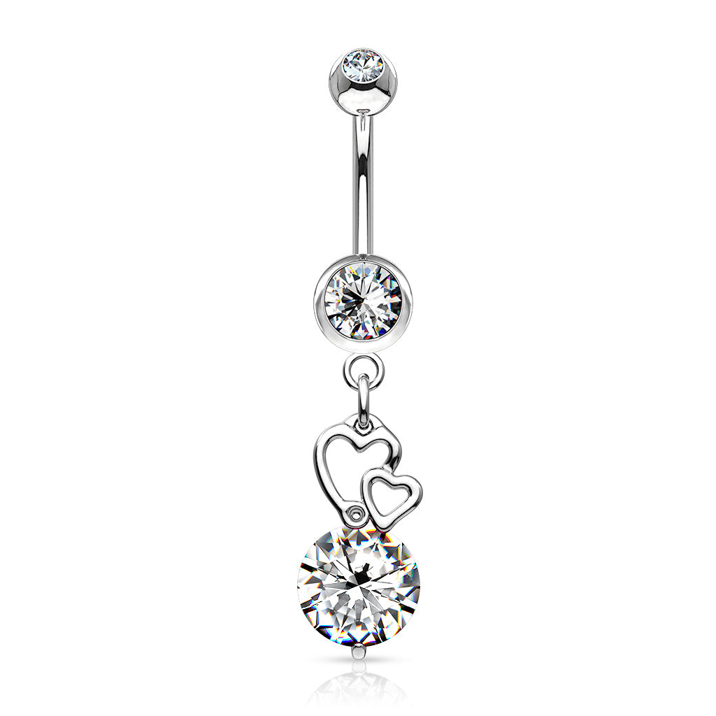 316L Surgical Steel Extra Large CZ With Floating Hearts Belly Button Ring - Clear